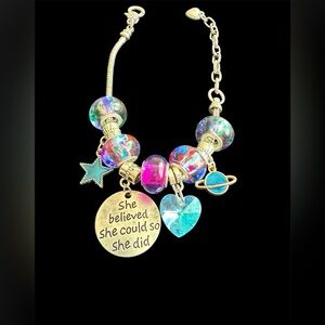 Handmade Inspirational Gold-Tone Charm Bracelet with Blue & Multicolor Beads
